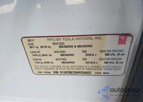 2017 Tesla Model X 100D/75D/90D из США, поврежденный, VIN 5YJXCBE20HF034822